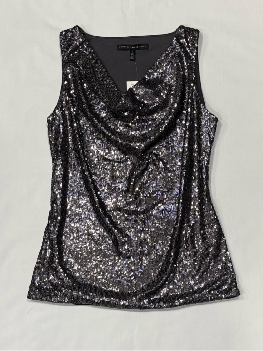 White House Black Market Sequin Drape Cowl Neck Top Small Sleeveless Silver Gray